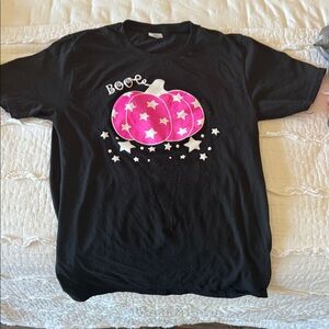 Women's Black Tee with Pink Pumpkin Design